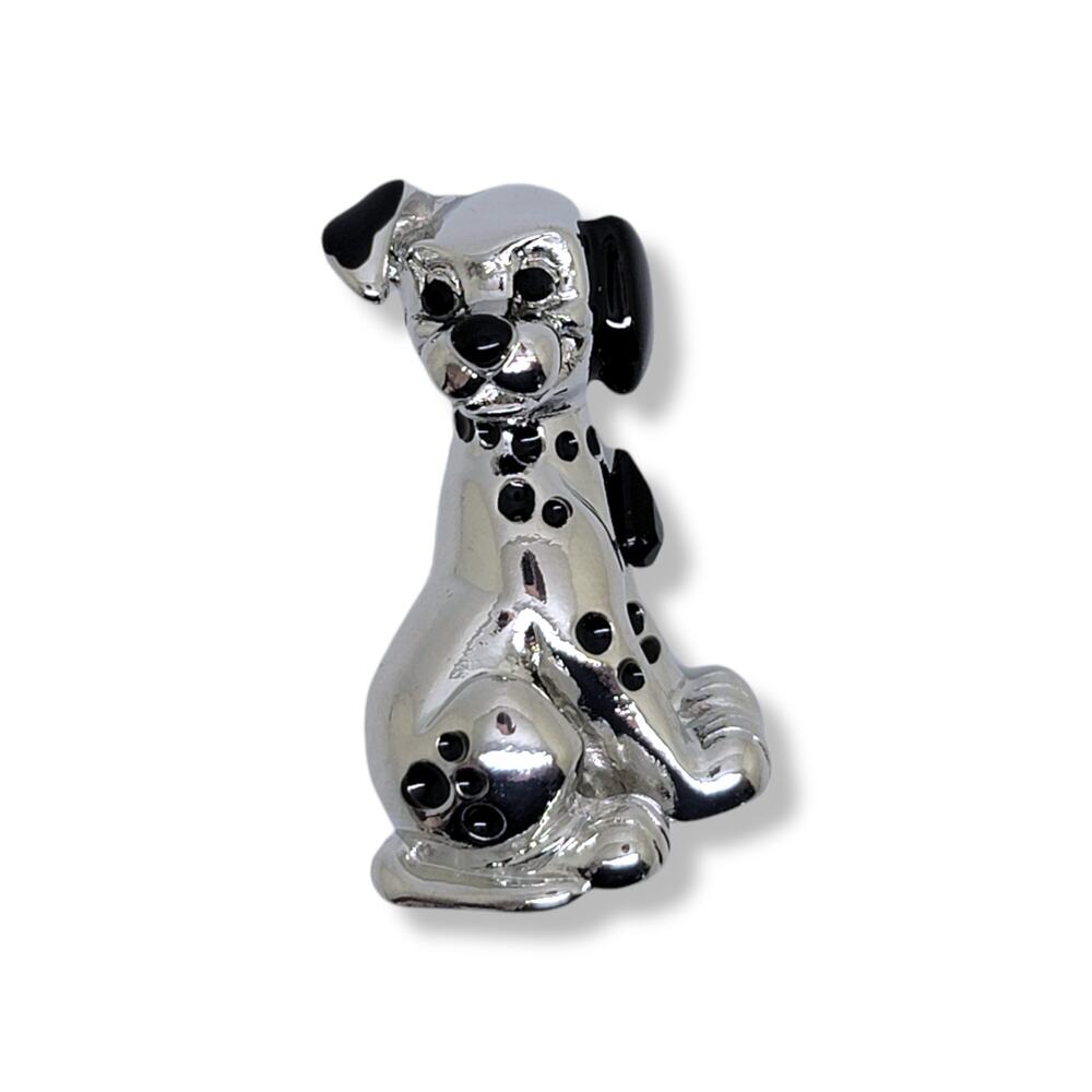 Shiny High Polished Silvertone Black Enamel Crystal Spotted Dog Brooch